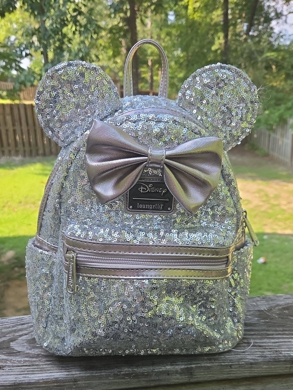 Loungefly Silver Sequin Minnie Ear Mini Backpack with Metallic Bow